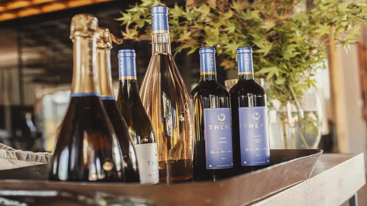 a imagem mostra vários rótulos juntos sobre uma bandeja, parecida com uma mala para vinhos.